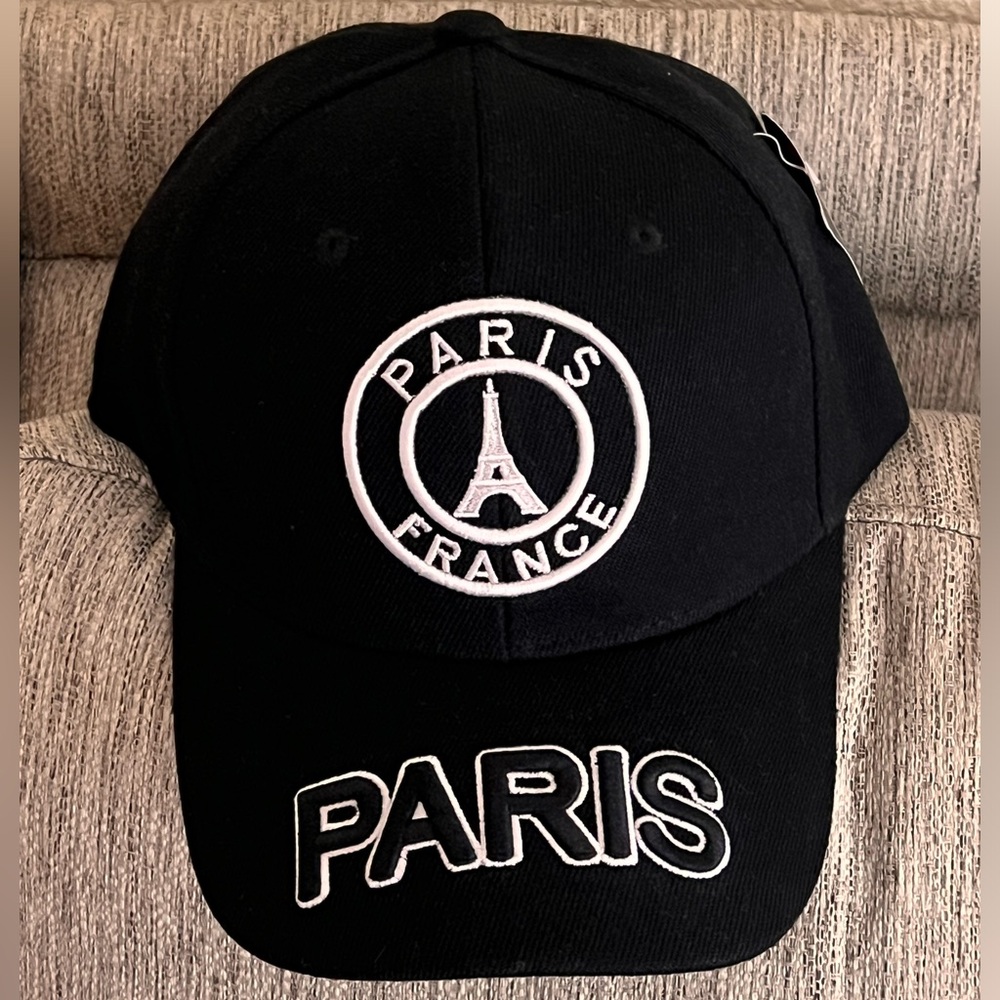PARIS FRANCE EIFFLE TOWER BLACK WHITE EMBROIDERED BALL CAP PARIS OLYMPICS ADJUST